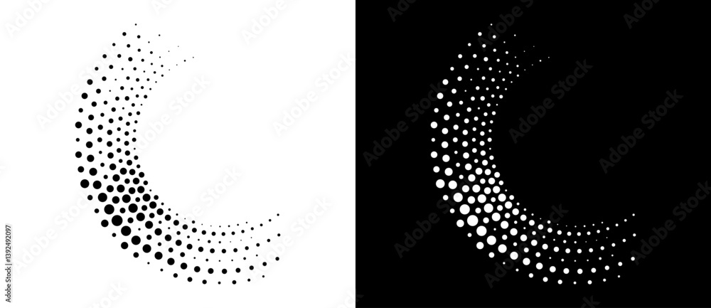 Aufkleber Modern abstract background. Halftone dots in spiral form. Round logo, design element or icon. Vector dotted frame. A black figure on a white background and an equally white figure on the black side.
