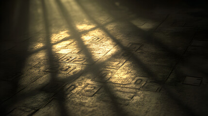 design with faded random numbers scattered across a foggy surface, casting long shadows under dim lighting 