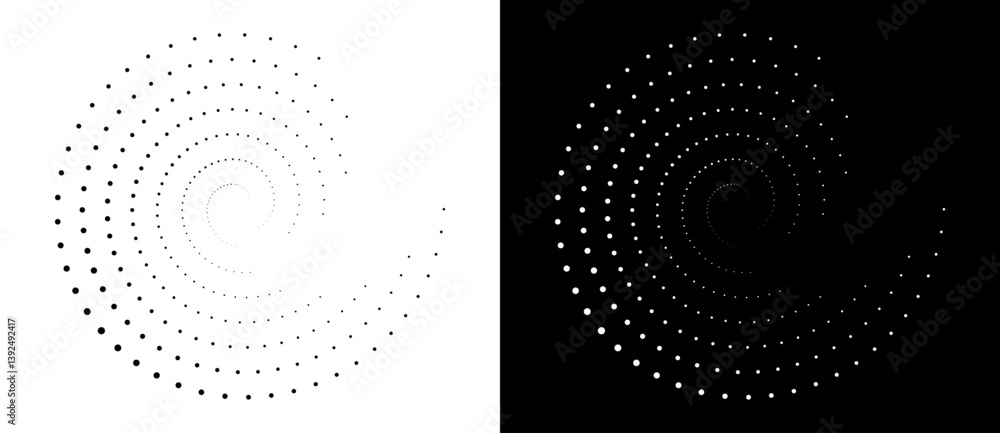 Poster Modern abstract background. Halftone dots in circle. Round logo. Vector dotted spiral. Design element or icon. Black dots on a white background and white dots on the black side.