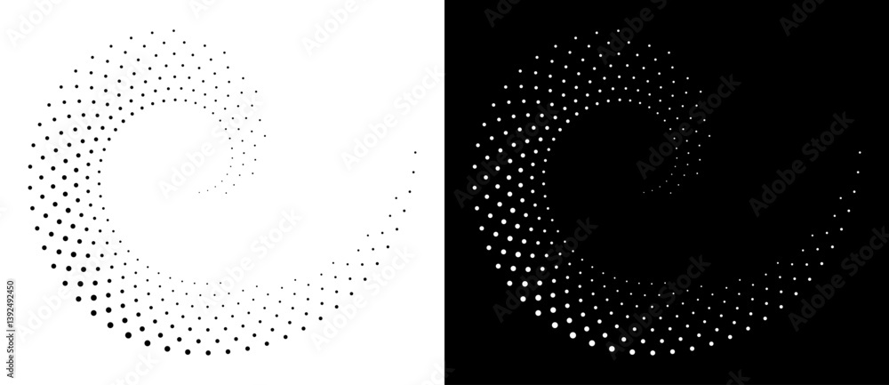 Poster Modern abstract background. Halftone dots in spiral form. Round logo, design element or icon. Vector dotted frame. A black figure on a white background and an equally white figure on the black side.