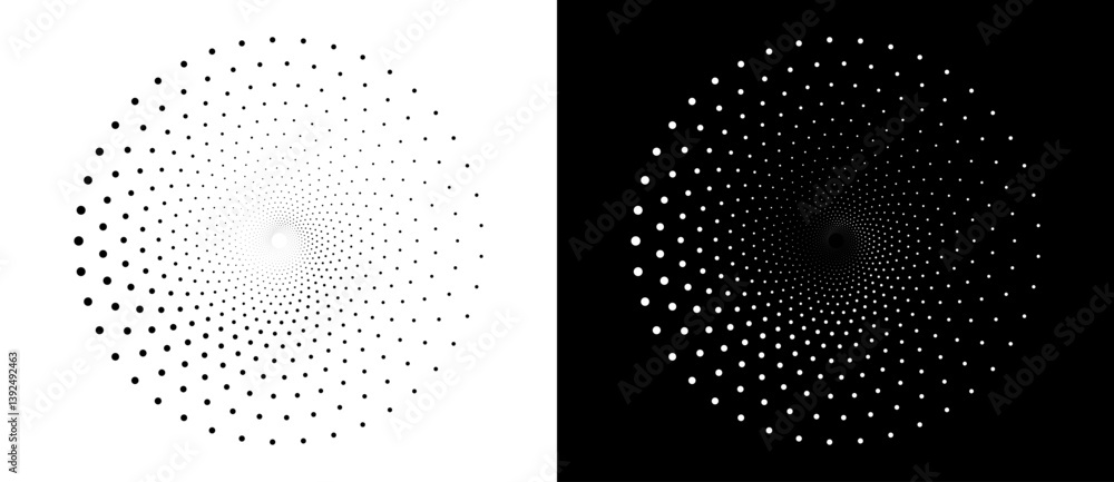 Poster Modern abstract background. Halftone dots in circle. Round logo. Vector dotted spiral. Design element or icon. Black dots on a white background and white dots on the black side.