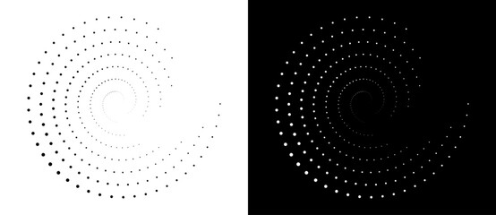 Modern abstract background. Halftone dots in circle. Round logo. Vector dotted spiral. Design element or icon. Black dots on a white background and white dots on the black side.