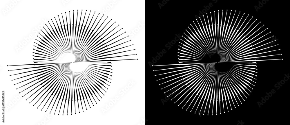 Poster Spiral with lines as dynamic abstract vector background or logo or icon. Yin and Yang symbol. Black spiral on white background and white spiral on black background.
