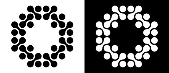 Abstract graphic design with dots like letter O. Technology logo, icon or symbol, molecule concept. Black shape on a white background and the same white shape on the black side.