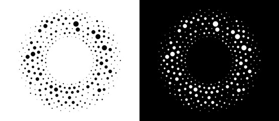 Modern abstract background. Halftone dots in circle form. Round logo, design element or icon. Vector dotted frame. A black figure on a white background and an equally white figure on the black side.