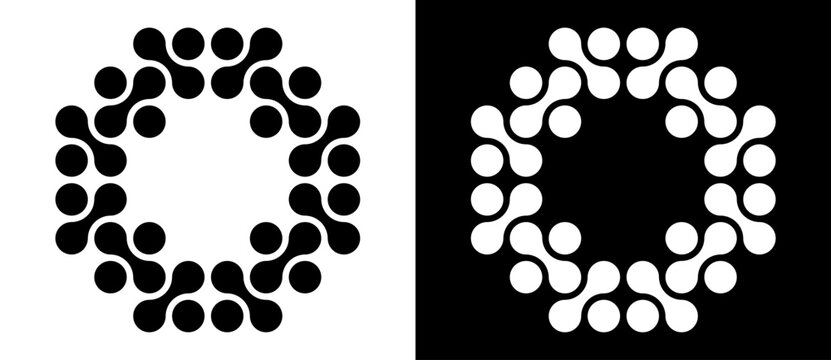 Abstract graphic design with dots like letter O. Technology logo, icon or symbol, molecule concept. Black shape on a white background and the same white shape on the black side.