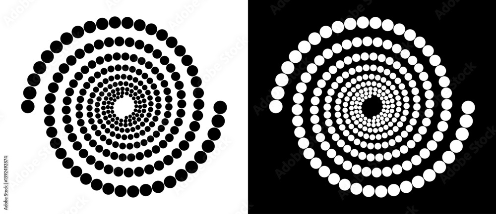 Leinwandbilder Circle abstract background with dynamic halftone dots in spiral. Yin and yang style. Black shape on a white background and the same white shape on the black side.