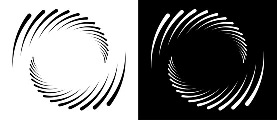 Spiral with lines as dynamic abstract vector background or logo or icon. Yin and Yang symbol. Black spiral on white background and white spiral on black background.