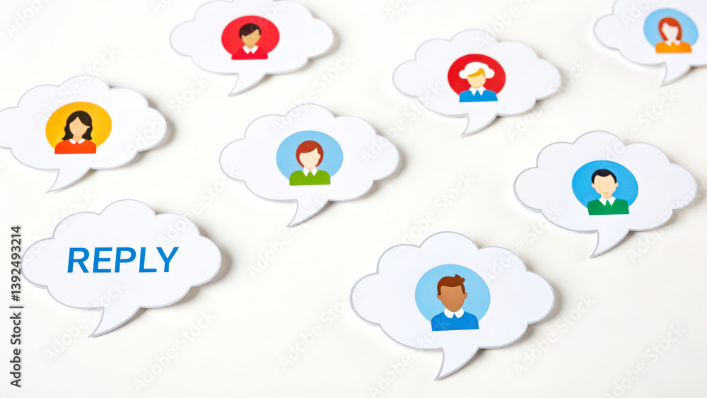 Poster colorful speech bubbles featuring diverse characters, emphasizing communication and interaction.