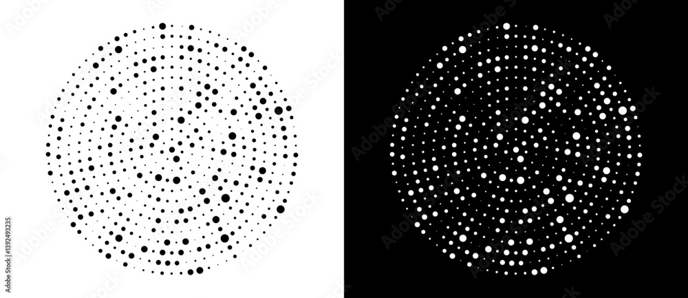 Poster Modern abstract background. Halftone dots in circle form. Round logo, design element or icon. Vector dotted frame. A black figure on a white background and an equally white figure on the black side.