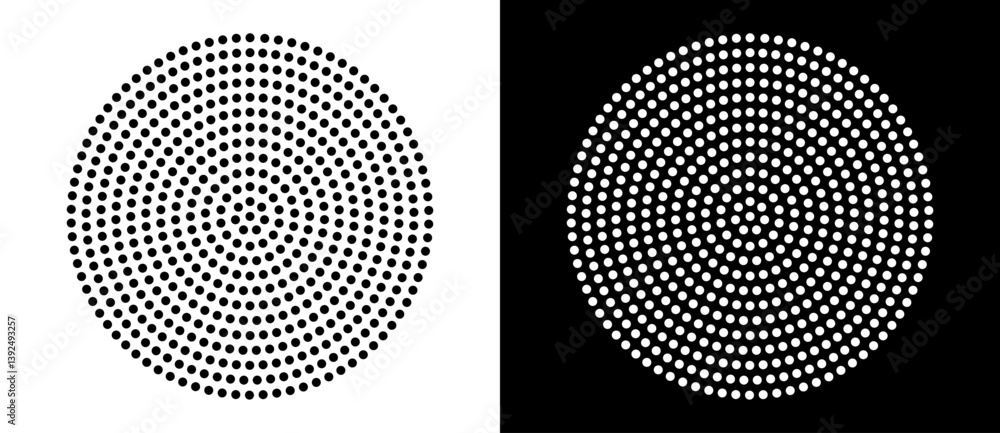 Poster Modern abstract background. Halftone dots in circle form. Round logo, design element or icon. Vector dotted frame. A black figure on a white background and an equally white figure on the black side.