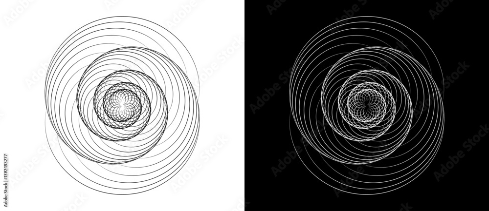 Aufkleber Spiral with lines as dynamic abstract vector background or logo or icon. Yin and Yang symbol. Black spiral on white background and white spiral on black background.