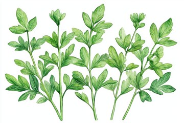 A collection of vibrant green herb sprigs, showcasing their delicate leaves and natural beauty, suitable for culinary or decorative use.