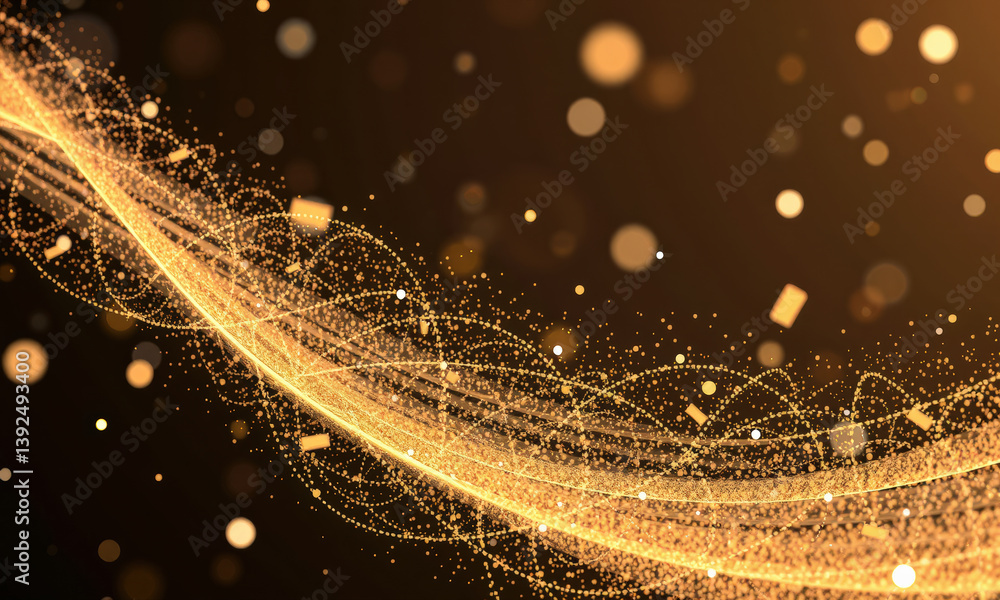 Poster mesmerizing abstract background featuring golden particles and flowing lines, creating sense of eleg