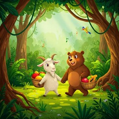 Cartoon goat and bear collect ripe fruit in baskets, walking together under jungle trees while birds sing happy songs around them.