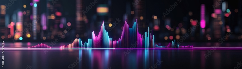 Poster a vibrant audio waveform displayed against a city skyline, blending neon colors and creating a dynam