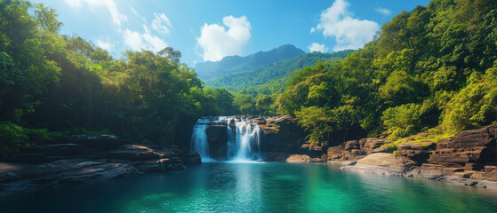 Waterfall adventure at lush jungle oasis nature scene