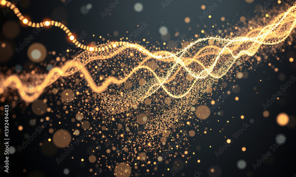 Poster mesmerizing display of golden waves and particles, creating sense of movement and energy in dark bac
