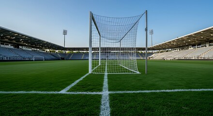 Empty Stadium Goal: A Sunny Day's Perspective on a Lush Green Field AI Generated