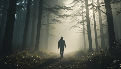 a figure walking through a foggy field or along a deserted beach, ensuring their face is obscured by the mist, creating a sense of mystery.