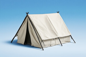 Classic Canvas A-Frame Camping Tent with Metal Poles Set Against a Clean Blue Gradient Background, Showcasing Minimalist Outdoor Gear Ideal for Adventure, Travel, and Nature Escapes