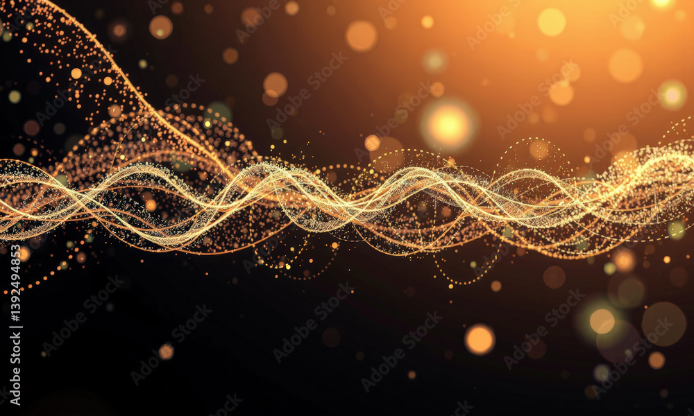Poster mesmerizing display of golden waves and particles, creating sense of movement and energy in dark bac