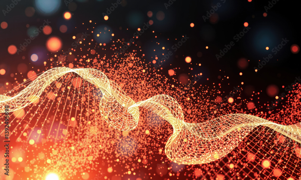 Poster vibrant abstract representation of energy waves and particles, showcasing glowing lines and sparklin