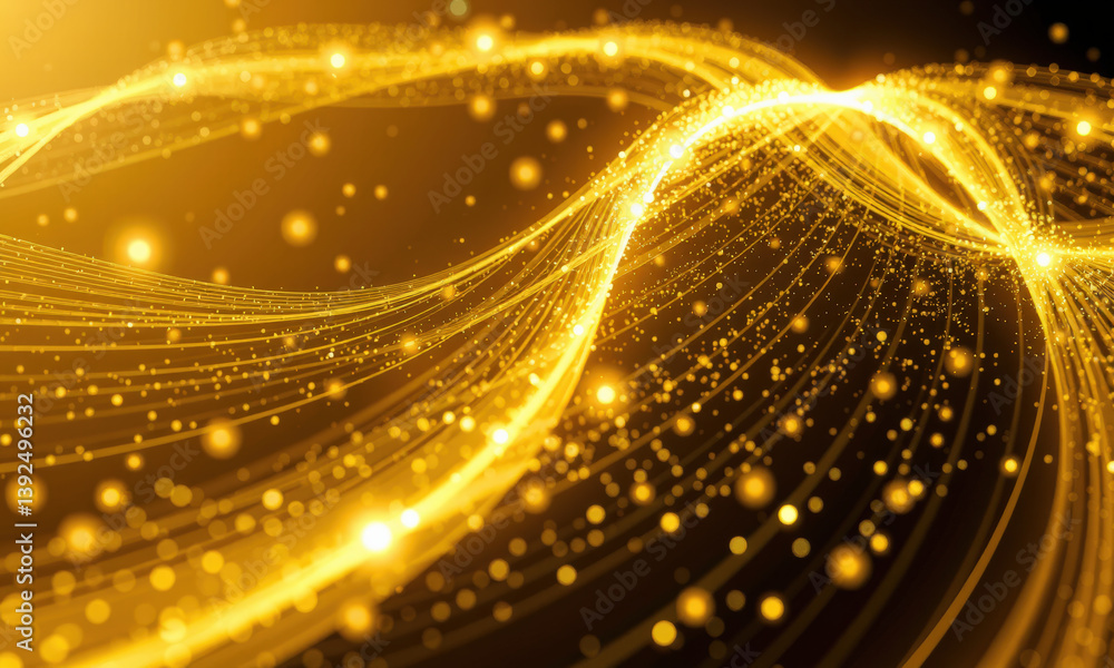 Poster golden waves with sparkling particles create mesmerizing visual effect, evoking sense of elegance an