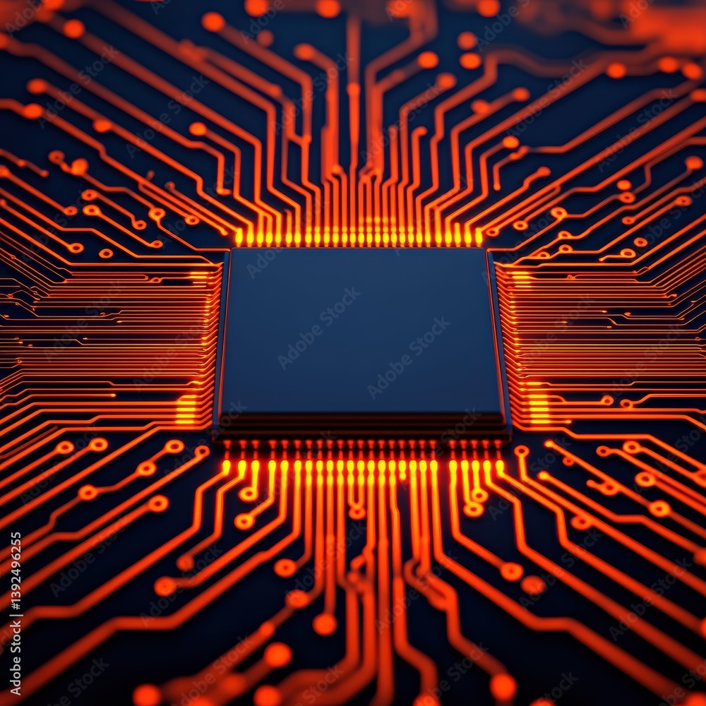Aufkleber a close-up view of a circuit board with glowing orange connections surrounding a central microchip.