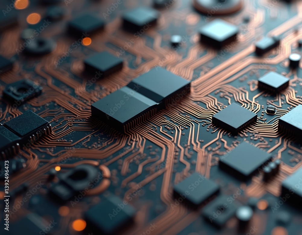 Poster abstract frottage illustration circuit boards, computer components. futuristic digital tech design, 