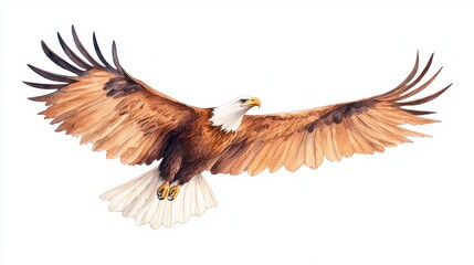 Fototapeta premium A majestic eagle soars gracefully with outstretched wings, showcasing its striking plumage and powerful presence against a clean background.