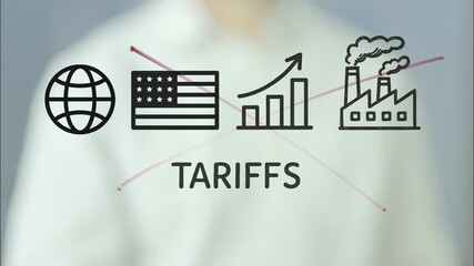 Businessman writing and crossing out tariffs on a transparent board, symbolizing the rejection of protectionist trade policies and promoting global free trade