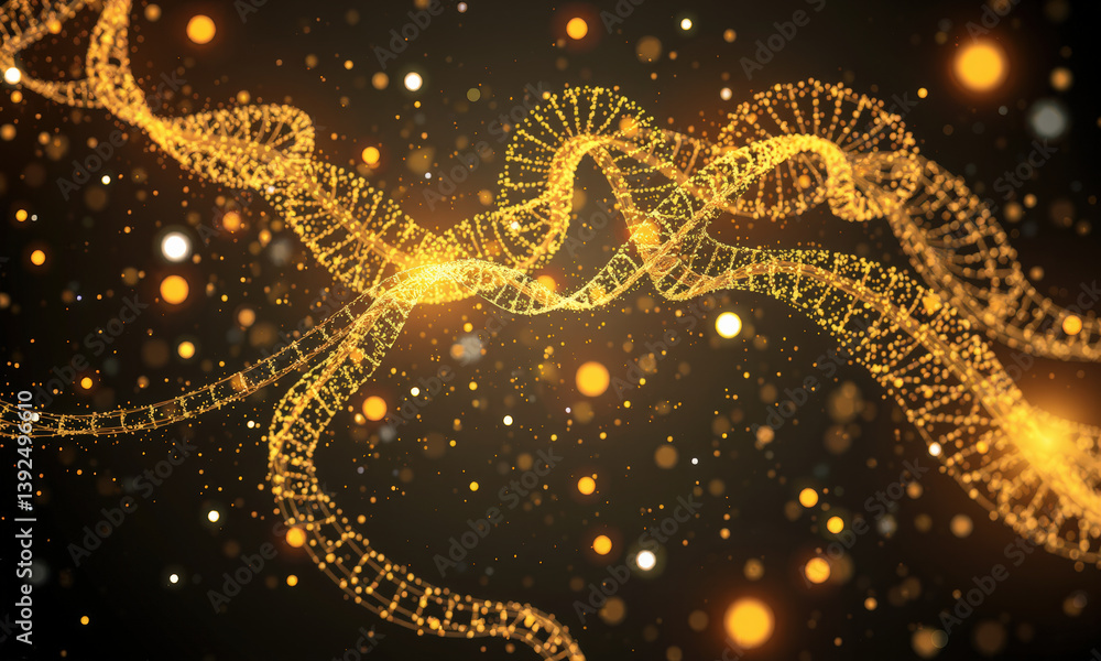 Poster mesmerizing abstract representation of golden strands intertwined with glowing particles, evoking se