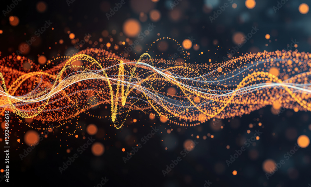 Poster vibrant display of abstract waves and particles in orange and white, creating dynamic visual effect 