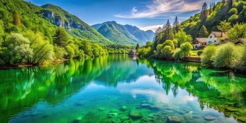 Fototapeta premium Serene green waters of Mreznica river reflecting towards the surrounding mountains in Belavici village Croatia, belavici village, croatia nature