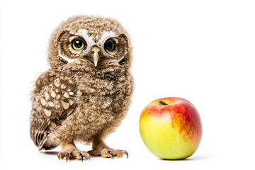 Fototapeta premium a small owl standing next to an apple
