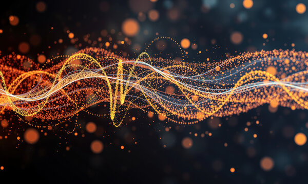 vibrant display of abstract waves and particles in orange and white, creating dynamic visual effect that evokes energy and movement. background is dark, enhancing brightness of colors