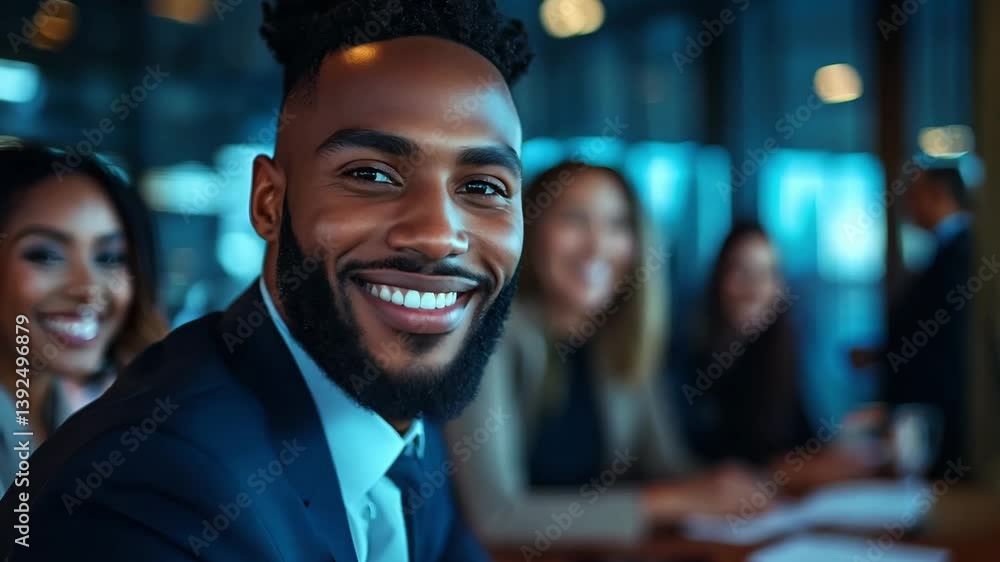 Poster a group of diverse business professionals engage in discussion and collaboration while smiling in a 
