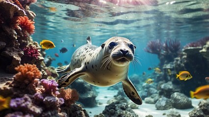 a sea lion swimming in the ocean surrounded by colorful corals and other sea life