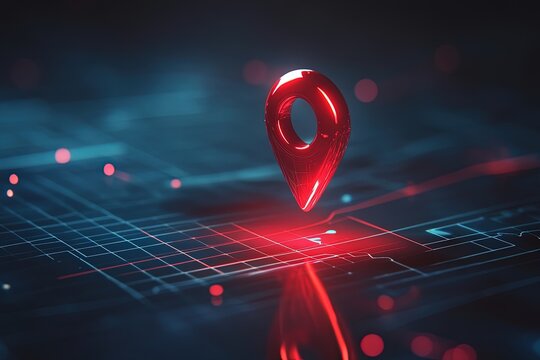 Red 3D location pin on abstract map with glowing lines. Modern GPS technology visual, clean style, vibrant contrast. Great for app UI, wayfinding, or geospatial tools.