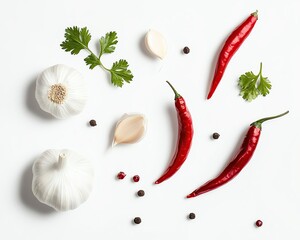 white background a garlic, pepper, coriander root and chili peppers, white background a garlic pepper coriander root and chili peppers food photography for ingredient styling, showcasing garlic pepper