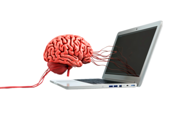 brain connected to laptop isolated on transparent background