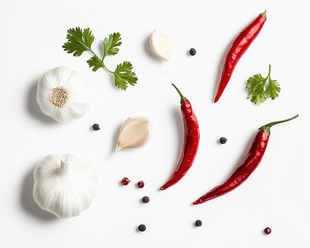 white background a garlic, pepper, coriander root and chili peppers, white background a garlic pepper coriander root and chili peppers food photography for ingredient styling, showcasing garlic pepper