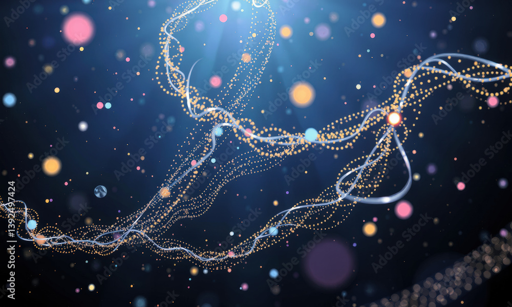 Poster mesmerizing display of subatomic particles swirling in cosmic dance, showcasing vibrant colors and i