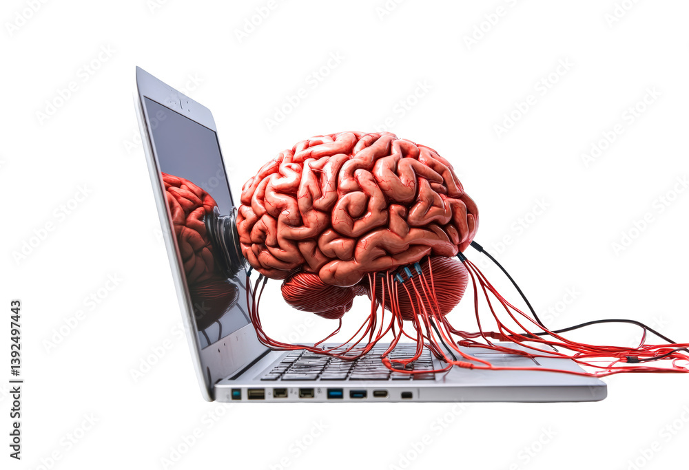 Poster digital brain connections extend from laptop isolated on transparent background