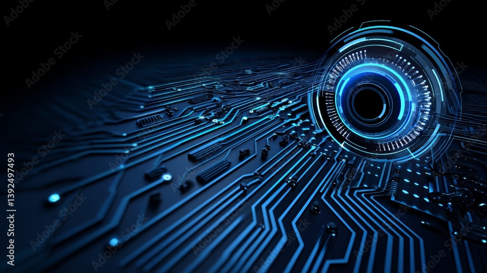 Poster a background featuring blue digital technology combined with mechanical components and a circuit boa