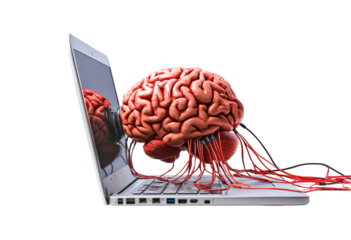Digital brain connections extend from laptop isolated on transparent background