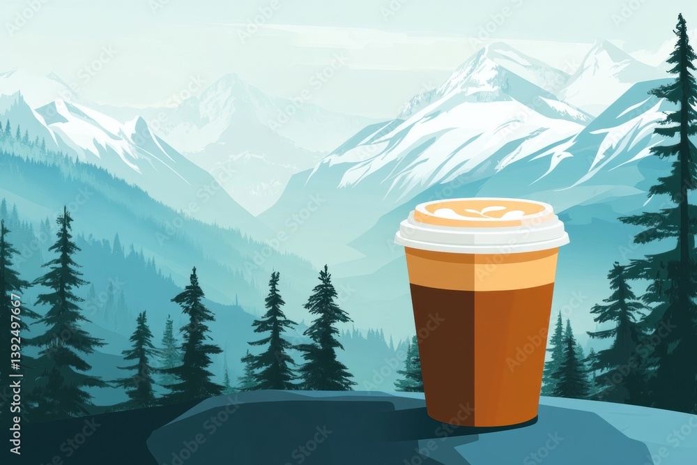 Poster sipping coffee surrounded by pine trees and majestic mountains in a serene natural setting at dawn
