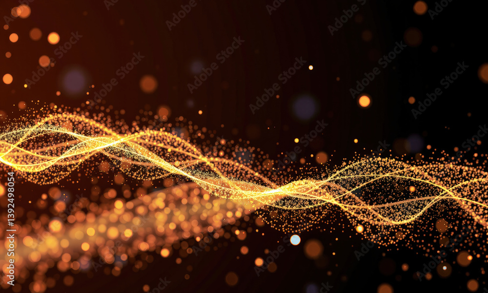 Poster mesmerizing wave of golden particles and light, creating dynamic and vibrant visual effect that evok