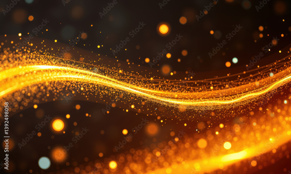 Poster vibrant abstract background featuring flowing golden waves and sparkling particles, creating sense o